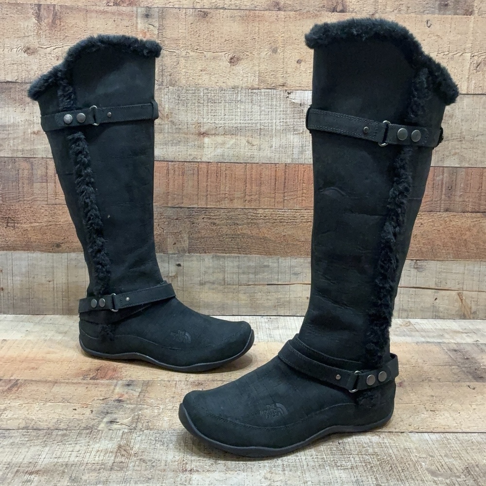 The North Face Boots Womens Size 8.5 39.5 Black Suede Faux Fur Knee High Wedge